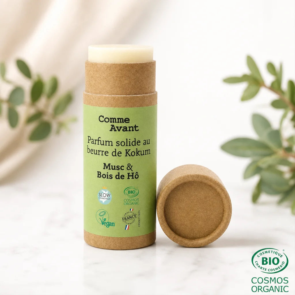 Parfum solide Comme Avant beurre de Kokum musc bois de hô tube liège packaging naturel