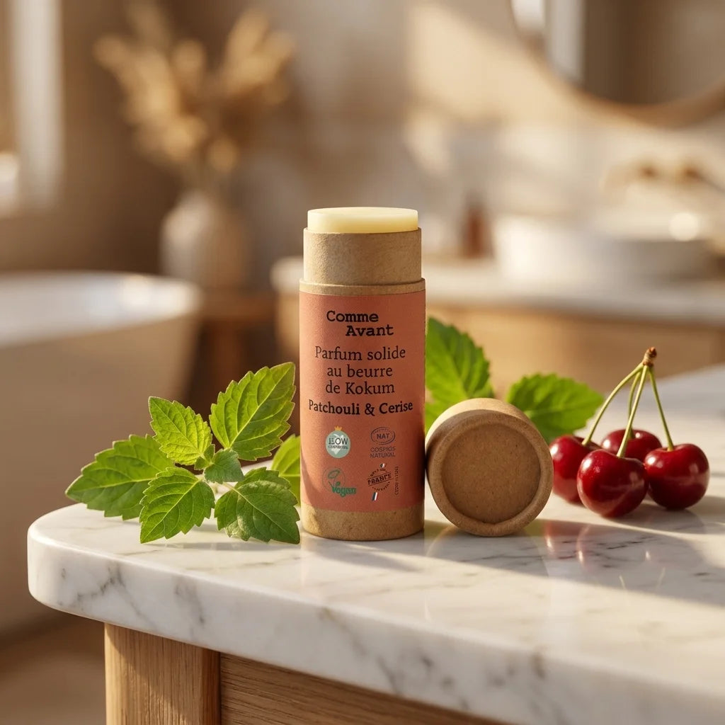 Parfum solide Comme Avant beurre kokum patchouli cerise sur marbre avec feuilles
