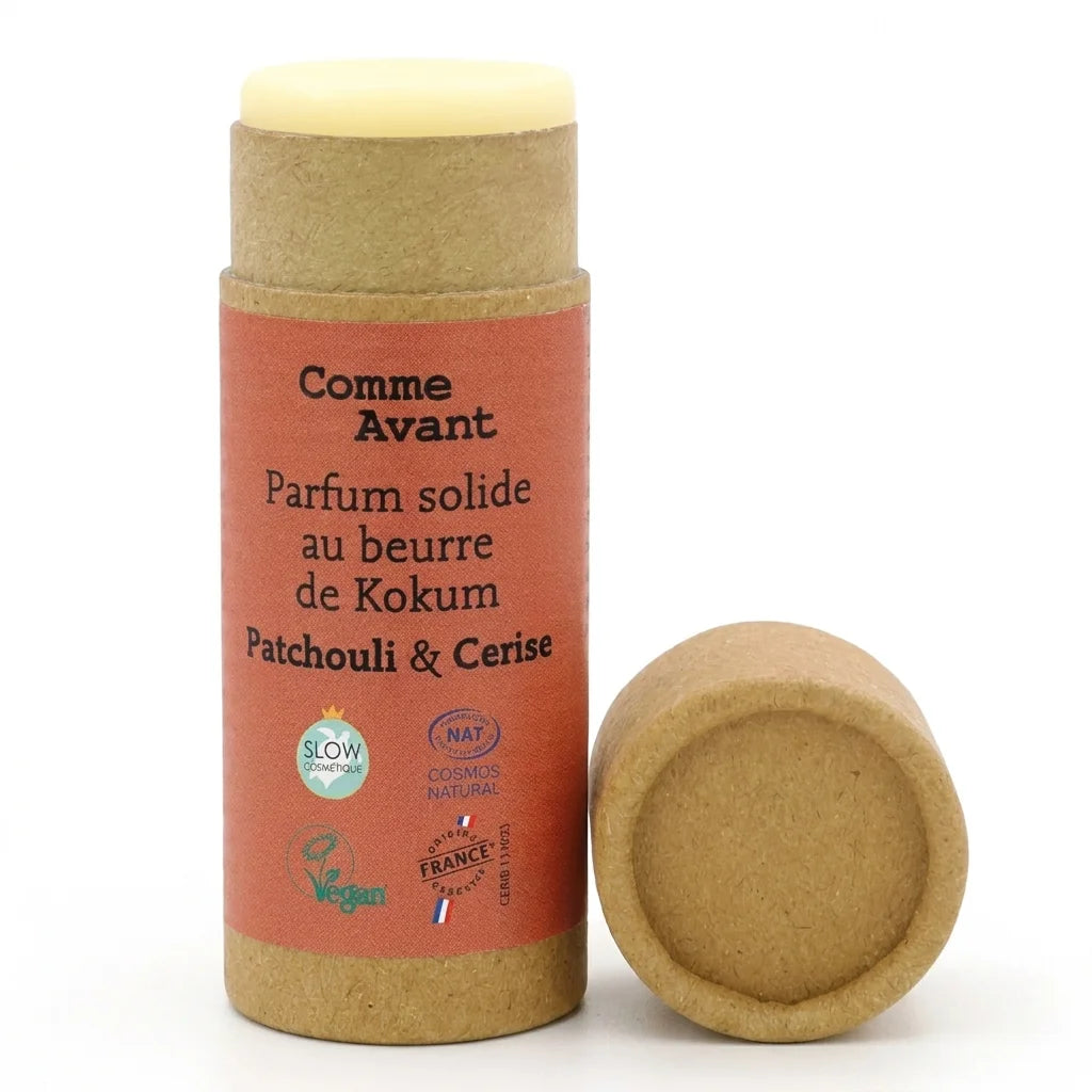 Parfum solide Comme Avant Patchouli Cerise 20g avec tube liège et bouchon crème