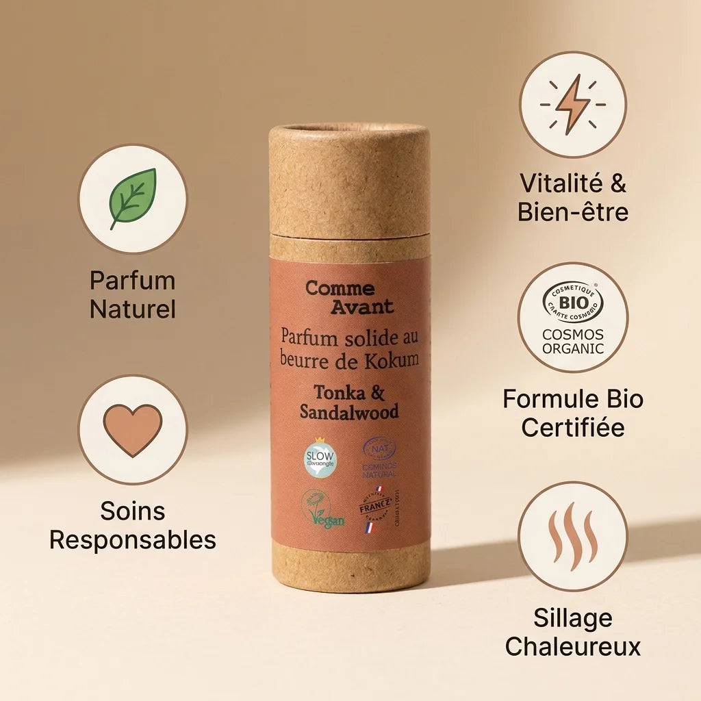 Parfum solide Tonka & Bois de Santal Comme Avant 20g avec bénéfices naturels bio certifiés