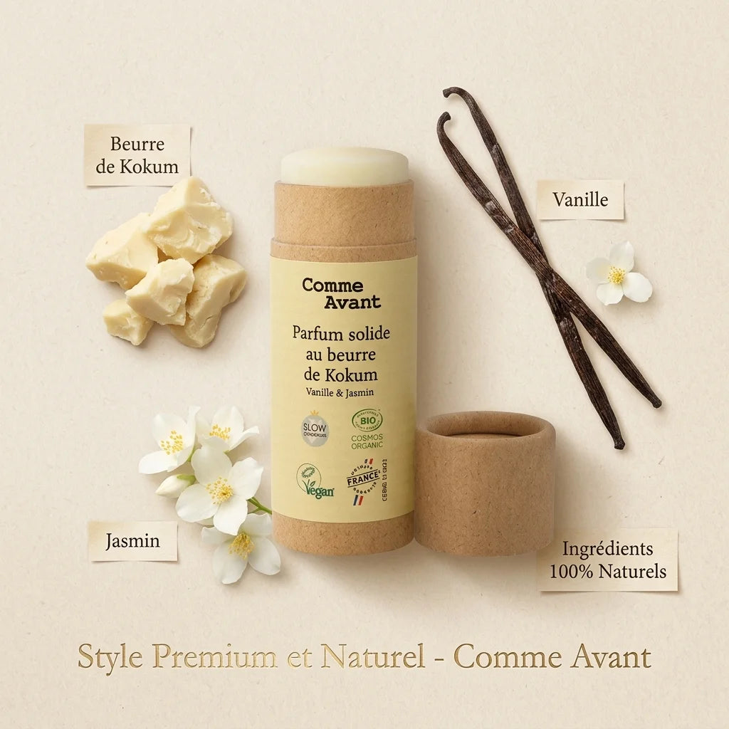 Parfum solide Comme Avant beurre de Kokum vanille jasmin avec ingrédients naturels
