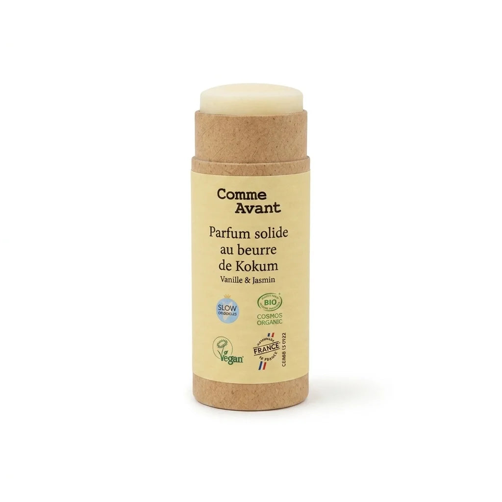 Parfum solide Comme Avant beurre de kokum vanille jasmin 20g avec emballage liège