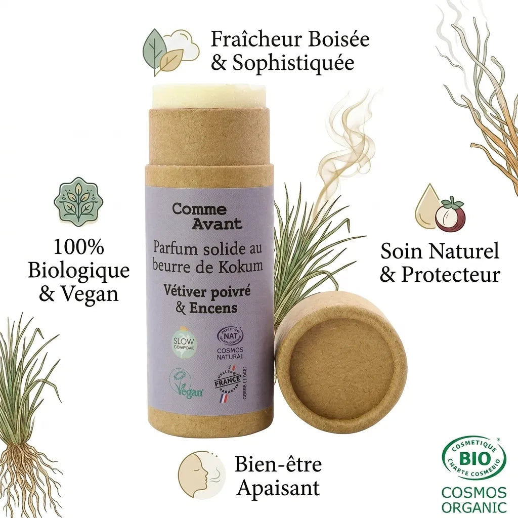 Parfum solide Vétiver Poivré Encens Comme Avant tube liège avec infographie bénéfices naturels