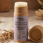 Parfum solide Comme Avant beurre de Kokum Vétiver Poivré Encens sur lin beige avec brindilles