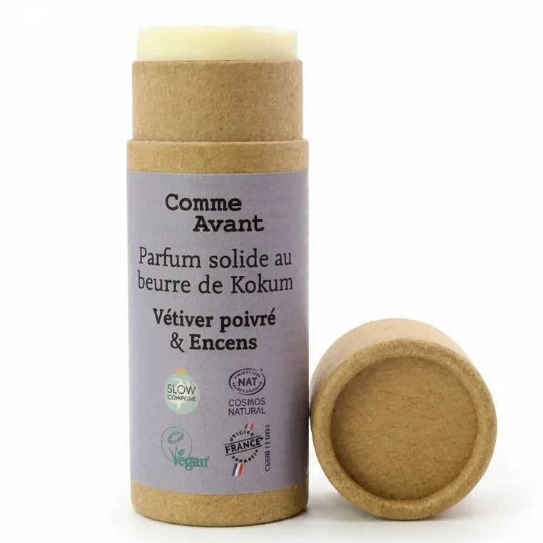 Parfum solide Comme Avant beurre de Kokum vétiver poivré encens tube liège 20g