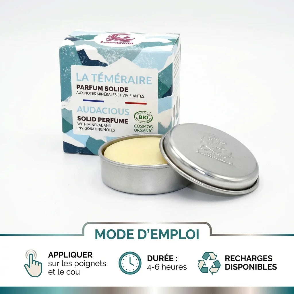 Parfum solide La Téméraire Lamazuna 20ml en boîte métallique avec guide d'utilisation