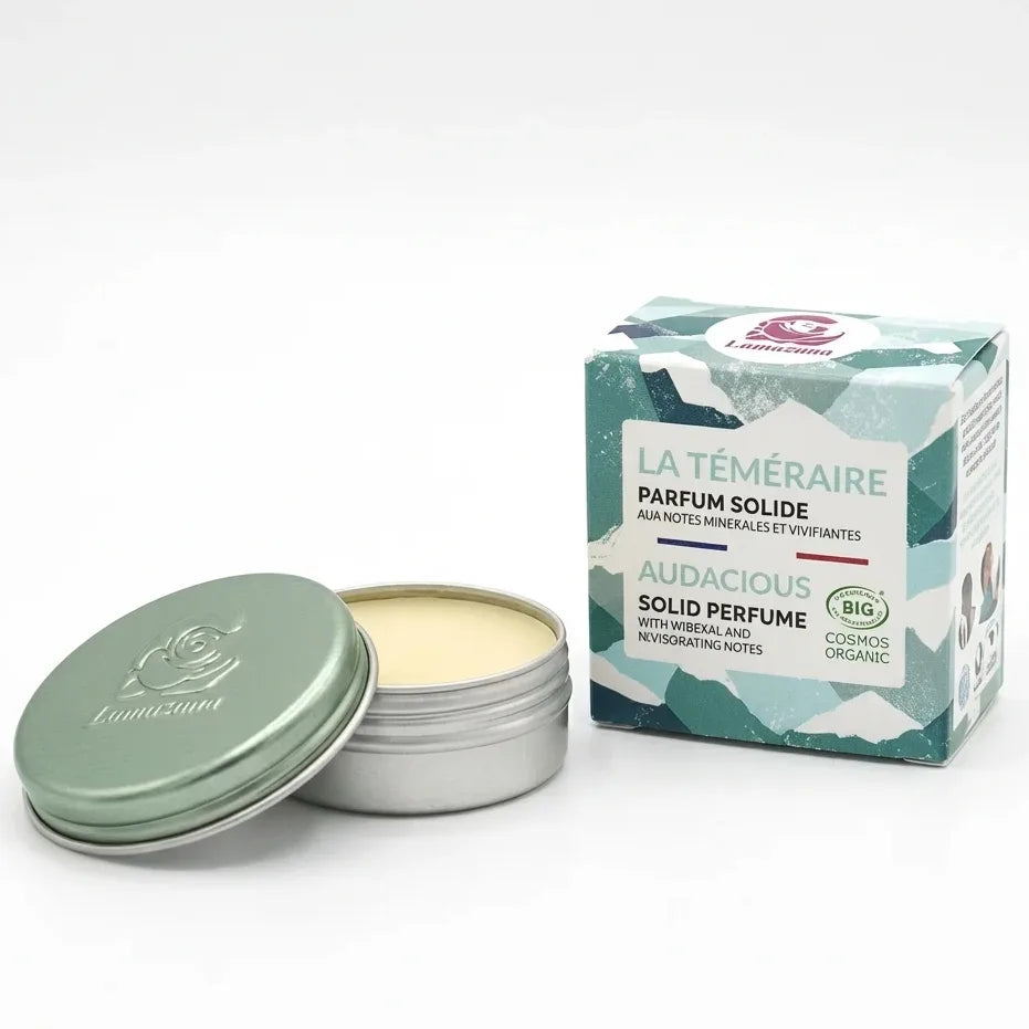 Parfum solide La Téméraire Lamazuna 20ml en boîte métallique verte avec packaging certifié bio