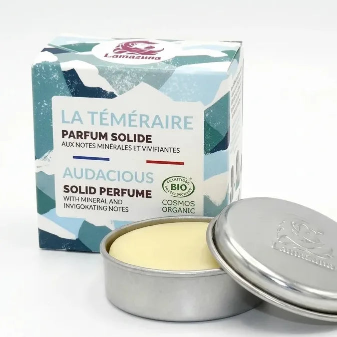Parfum solide La Téméraire Lamazuna 20ml en boîte avec emballage turquoise