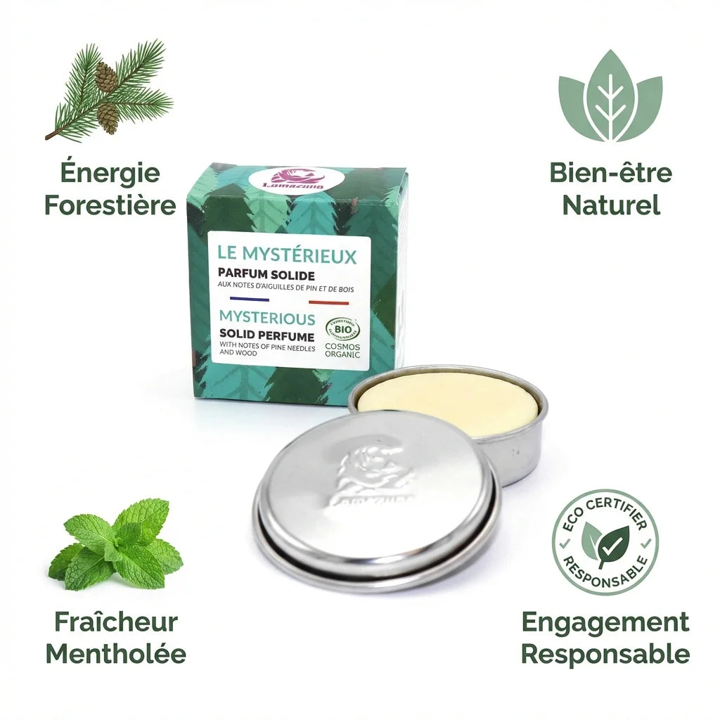 Parfum solide Le Mystérieux Lamazuna 20ml avec bénéfices : énergie forestière, bien-être naturel, fraîcheur mentholée
