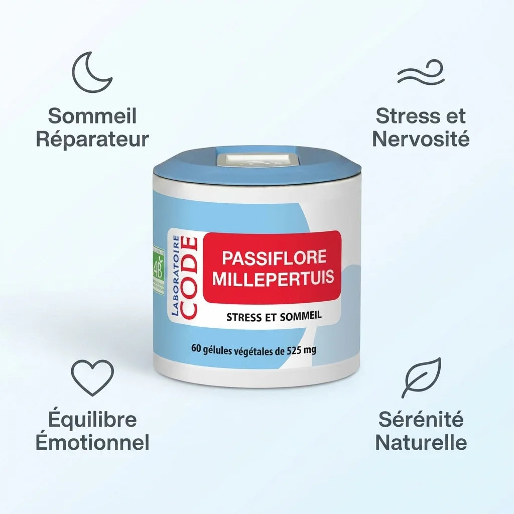 Passiflore Millepertuis 60 gélules Laboratoire Code - Sommeil, stress et sérénité naturelle