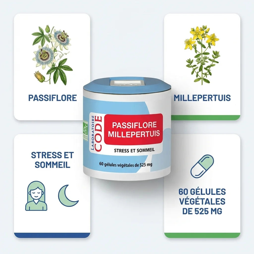Passiflore Millepertuis 60 gélules Laboratoire Code - Complément stress et sommeil naturel