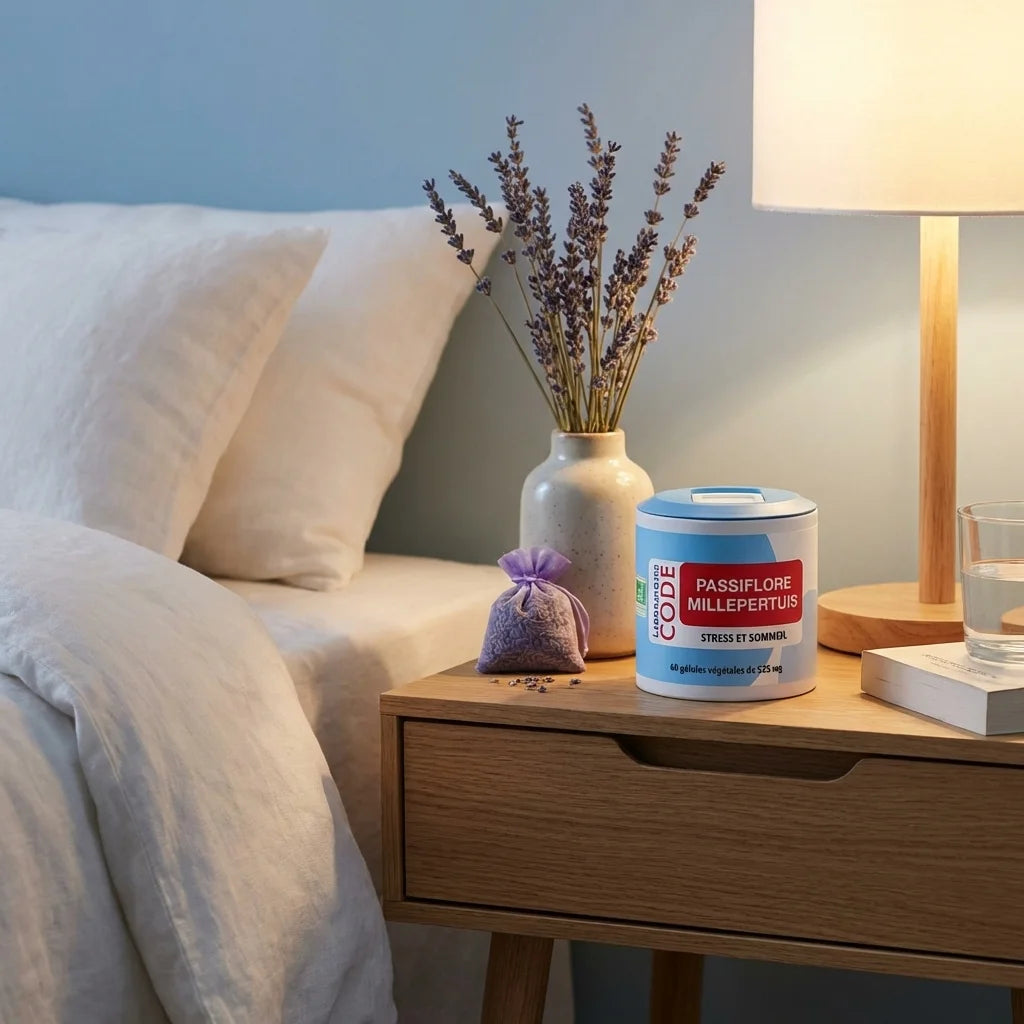 Passiflore Millepertuis 60 gélules Laboratoire Code sur table de nuit avec ambiance relaxante pour sommeil