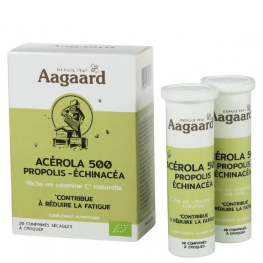 Deux tubes de 10 comprimés d'acérola 500, propolis et échinacéa avec leur boîte de la marque aagaard