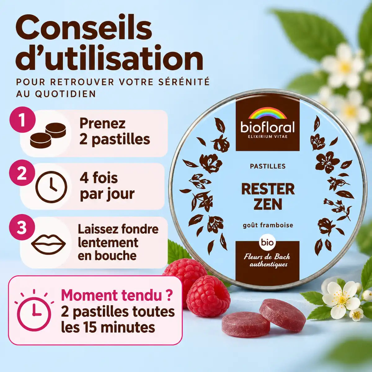 Boîte métallique Biofloral Rester Zen avec pastilles aux fleurs de Bach bio, 50 g, et infographie des étapes de prise pour apaiser le stress.