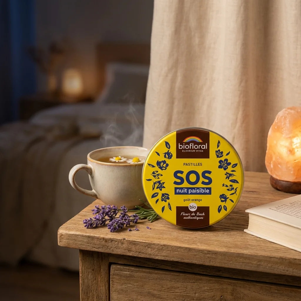 Pastilles Biofloral SOS Nuit Paisible sur table de nuit avec tisane et lavande