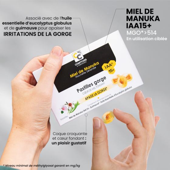 Les bienfaits des Pastilles pour la gorge cœur fondant au miel de manuka iaa15+ de Comptoirs et compagnies