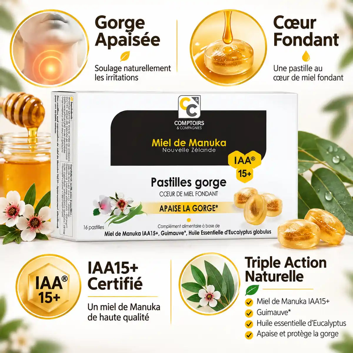 Pastilles gorge miel de manuka IAA15+ Comptoirs et compagnies - bénéfices naturels