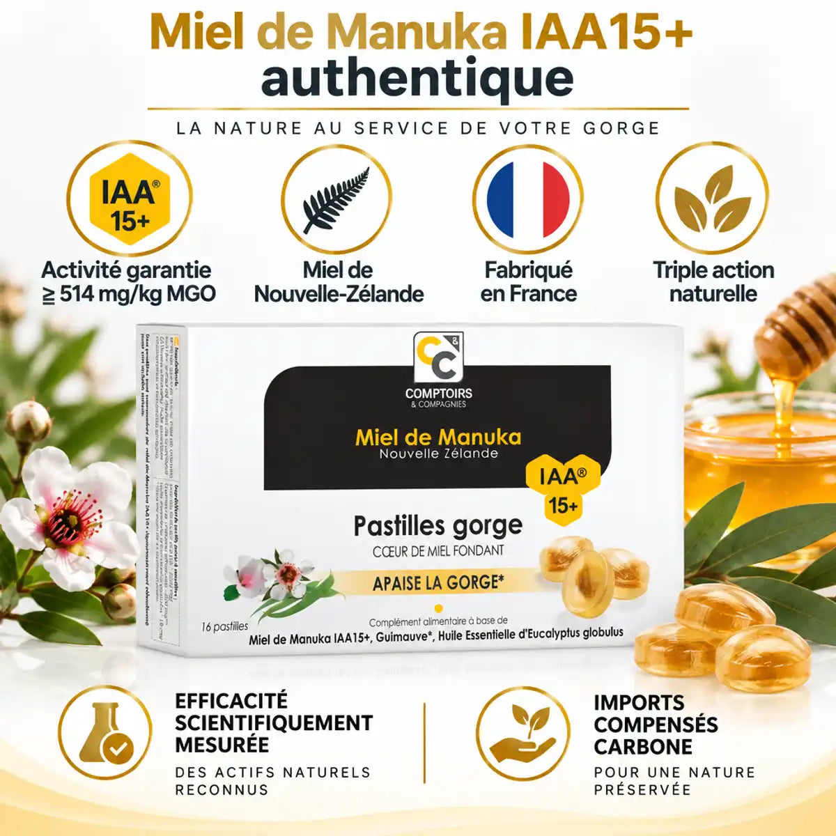 Pastilles gorge miel de manuka IAA15+ Comptoirs et compagnies, boîte produit fond blanc