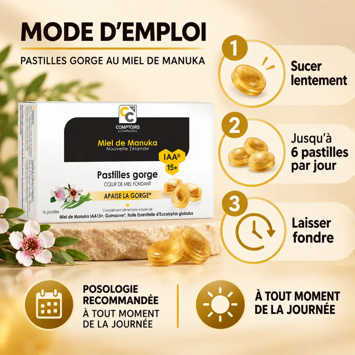 Pastilles gorge miel de manuka IAA15+ Comptoirs et compagnies avec mode d'emploi posologie