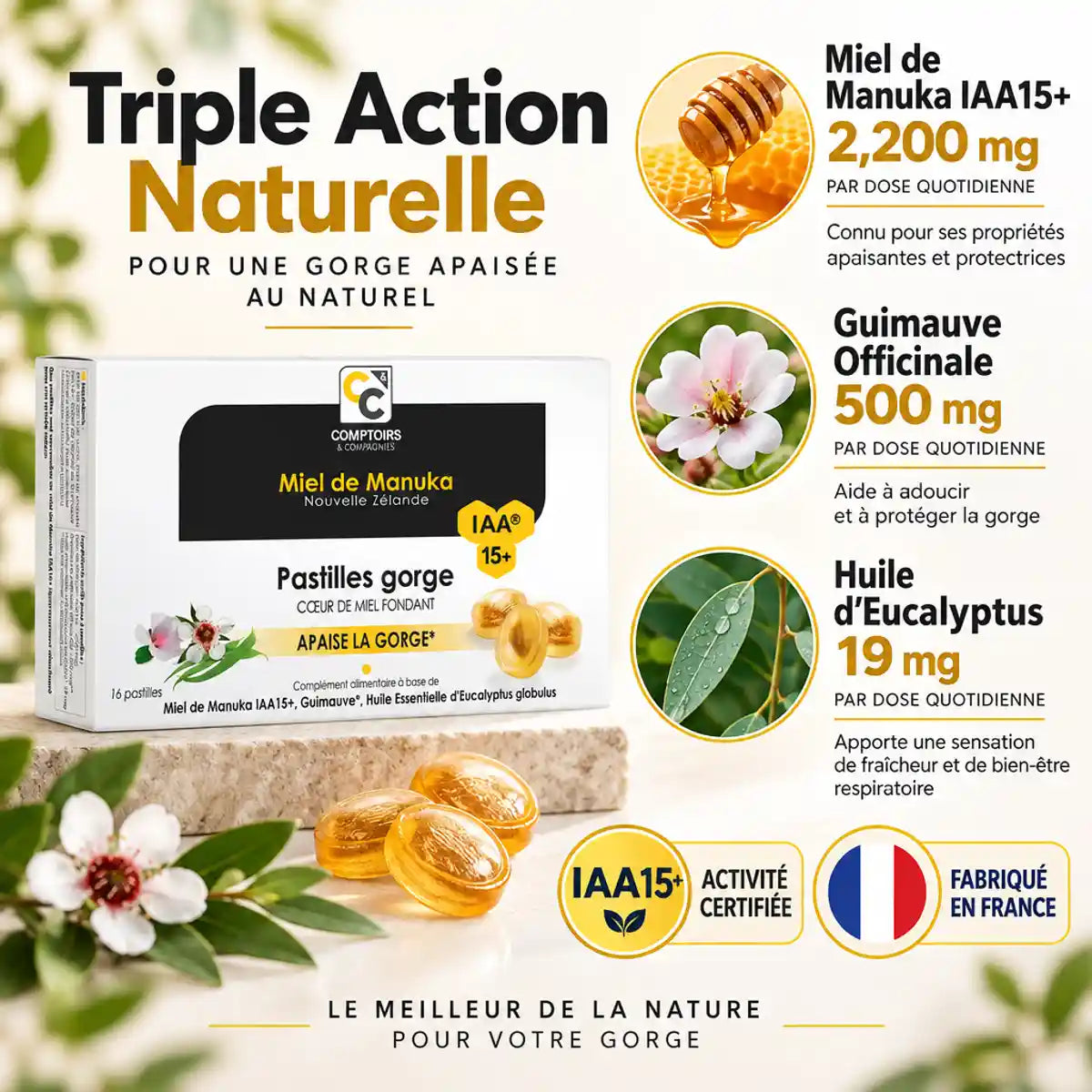 Pastilles gorge miel de Manuka IAA15+ Comptoirs et compagnies avec ingrédients naturels