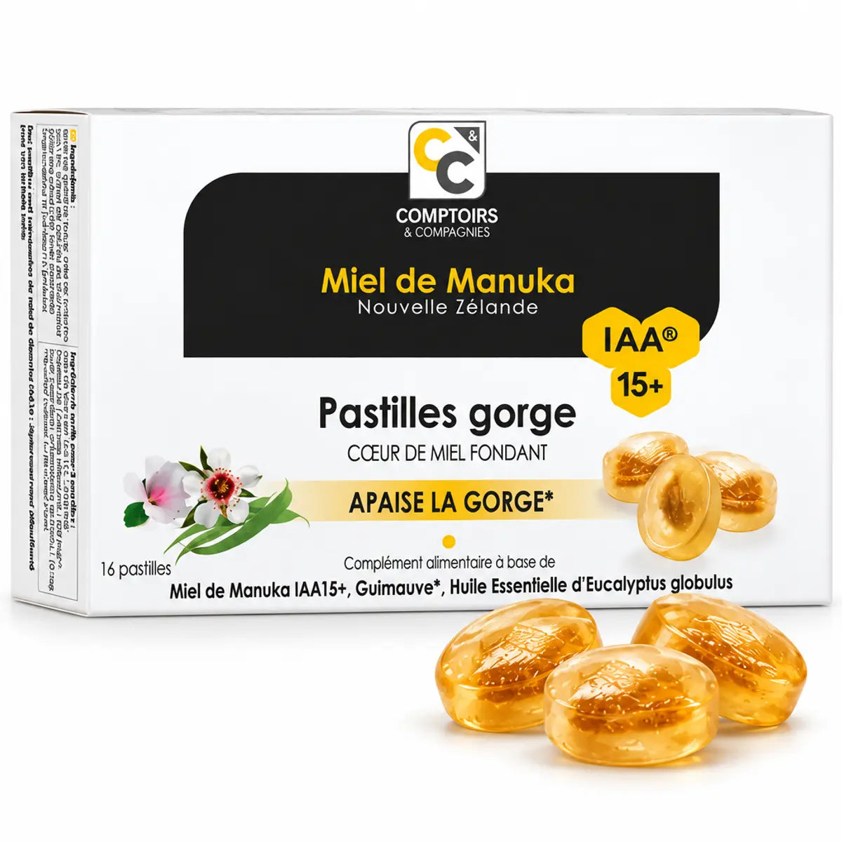 Pastilles gorge miel de manuka IAA15+ Comptoirs et compagnies avec cœur fondant