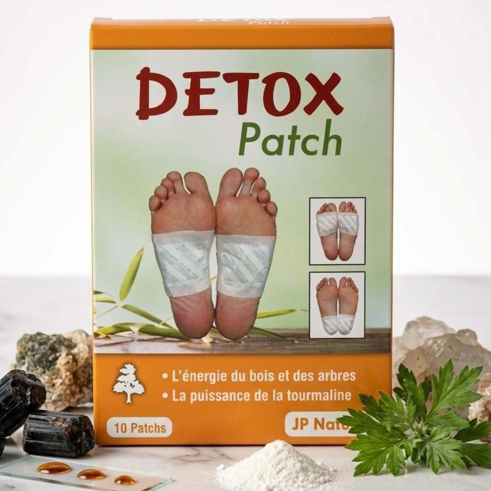 Une boite de 10 detox patch pieds posé autour des ingrédients naturels qui composent les patch detox