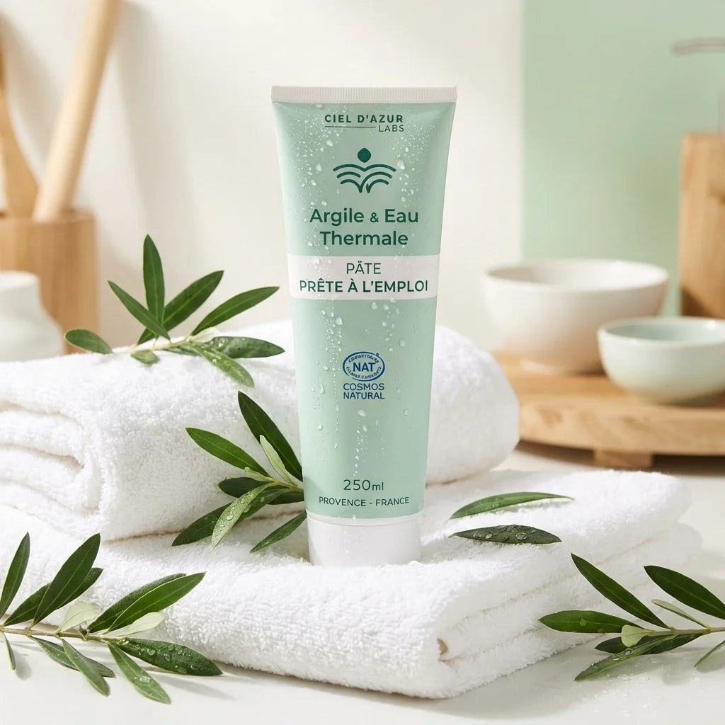 Tube de pâte argile 250ml Ciel d'Azur Labs avec feuilles vertes et gouttes d'eau thermale