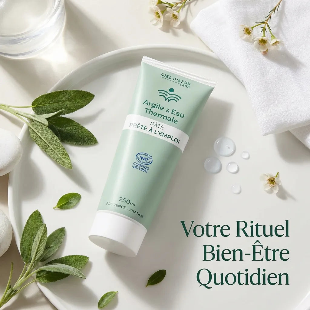 Tube Pâte Argile & Eau Thermale 250ml Ciel d'Azur Labs en composition spa minimaliste