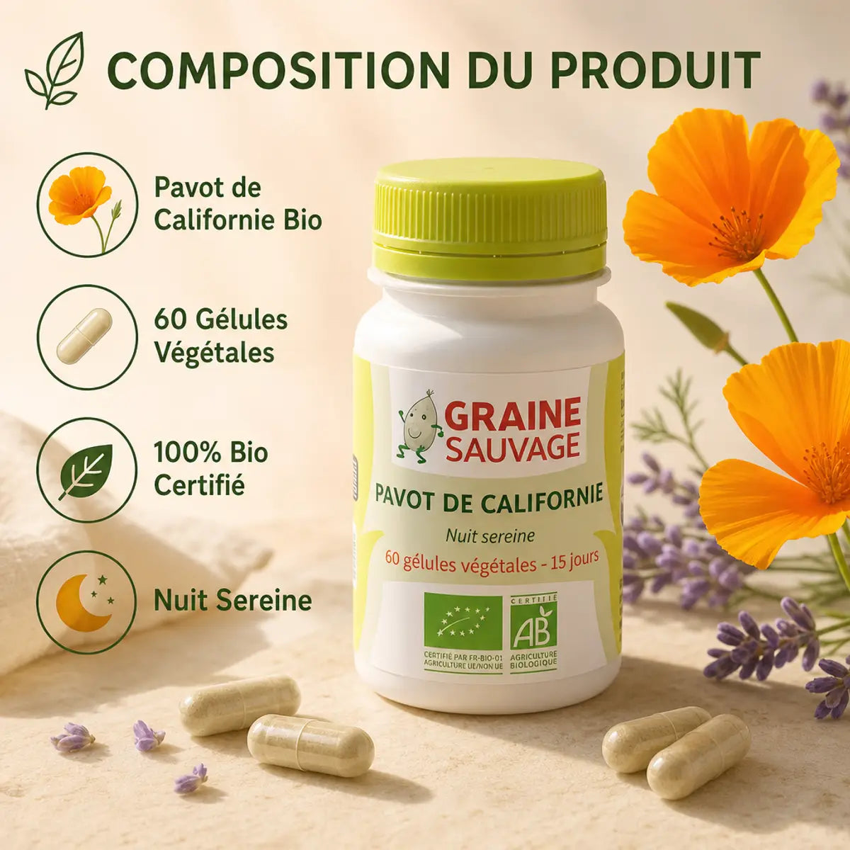 Pavot de Californie bio 60 gélules Graine Sauvage avec composition produit et certification bio