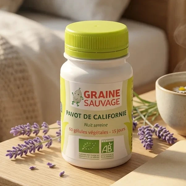 Pavot de Californie bio 60 gélules Graine Sauvage sur table de nuit avec lavande et thé