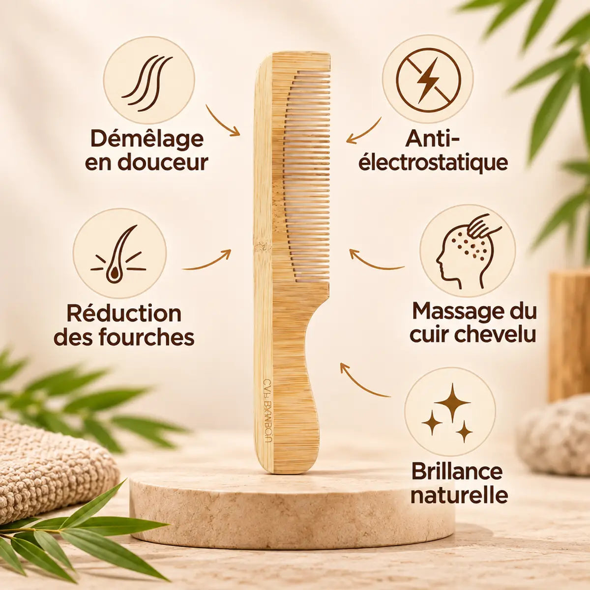 Peigne à barbe bambou Cap Bambou dents fines, démêlage douceur et anti-électrostatique