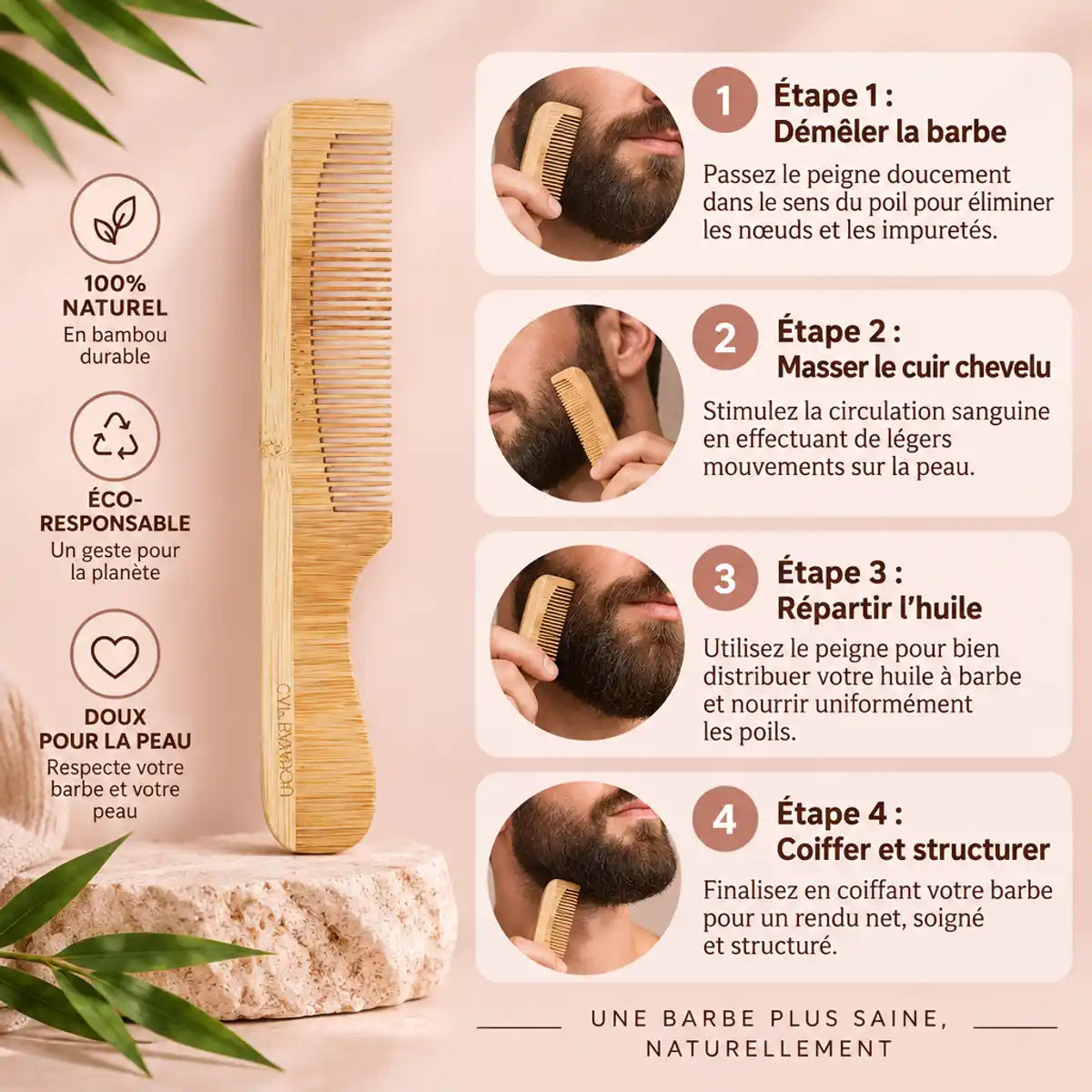 Peigne à barbe en bois Cap Bambou avec guide d'utilisation en 4 étapes pour démêler et coiffer