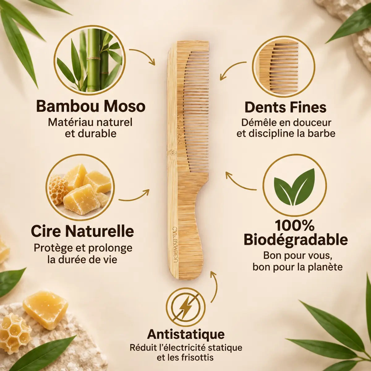 Peigne à barbe en bambou Cap avec dents fines, naturel et antistatique