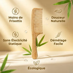 Peigne démêlant Cap Bambou en bambou naturel avec infographie des 5 bénéfices écologiques