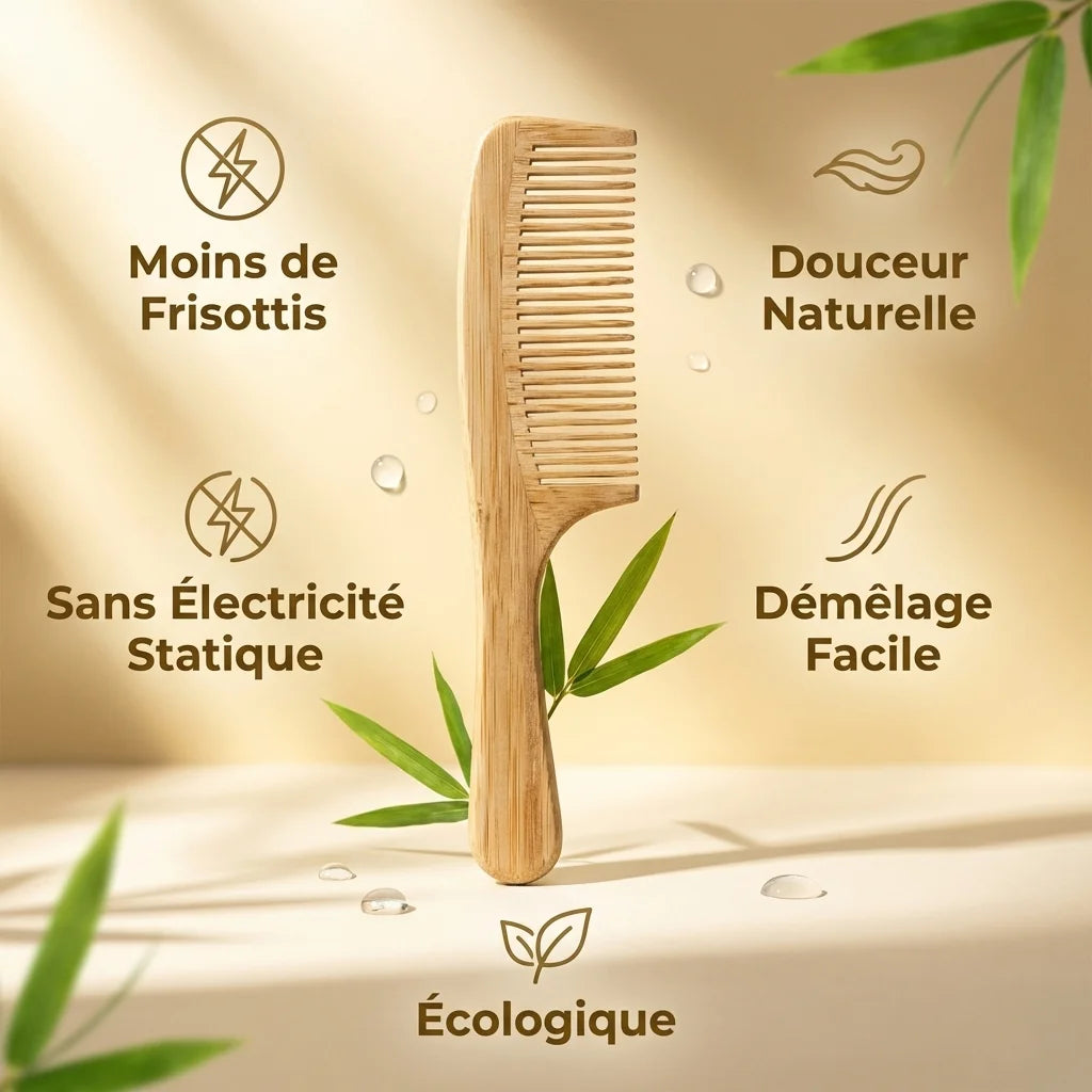 Peigne démêlant Cap Bambou en bambou naturel avec infographie des 5 bénéfices écologiques