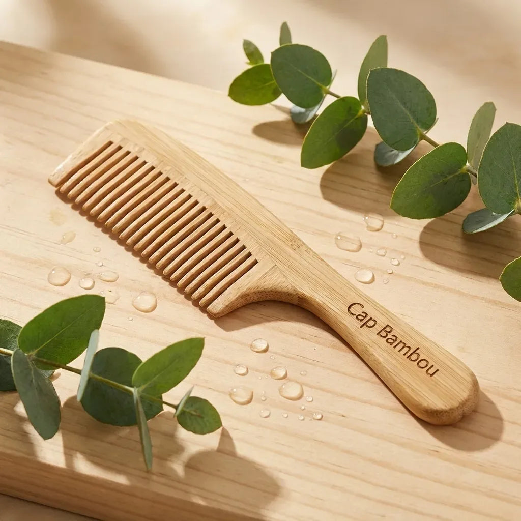 Peigne démêlant Cap Bambou entouré de feuilles d'eucalyptus sur fond bois clair