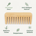 Peigne démêlant Cap Bambou avec icônes de bénéfices : douceur, anti-statique, brillance cheveux