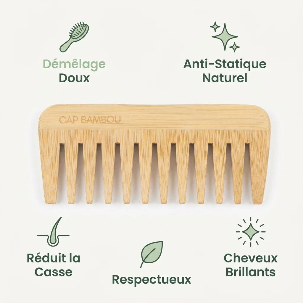 Peigne démêlant Cap Bambou avec icônes de bénéfices : douceur, anti-statique, brillance cheveux