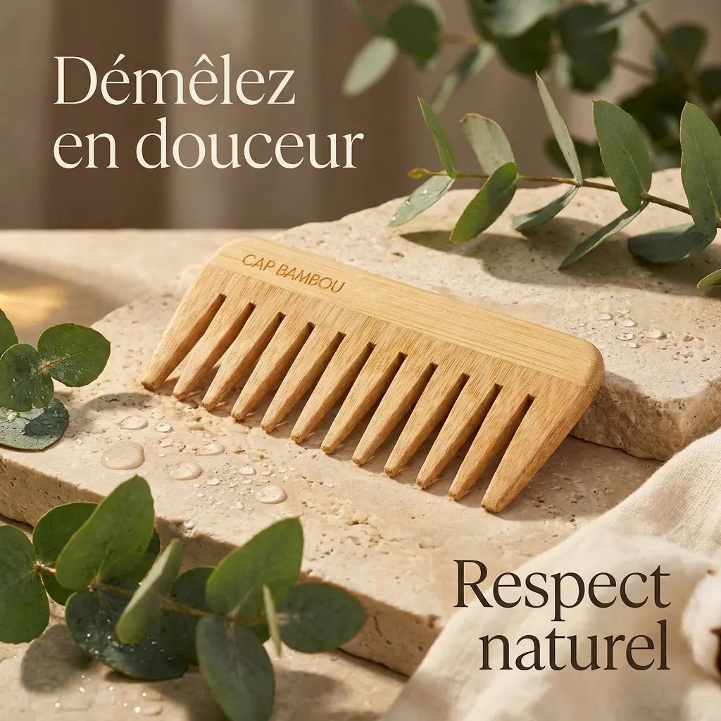Peigne démêlant en bambou Cap Bambou avec accessoires naturels et feuillage écologique