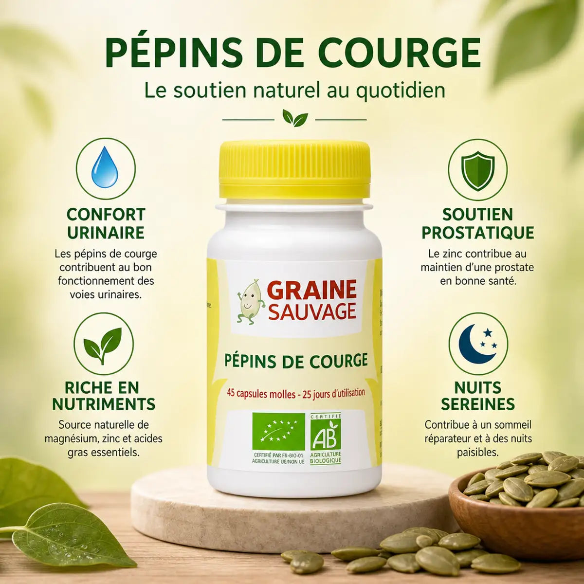 Pépins de courge bio Graine Sauvage 50 capsules avec bénéfices urinaires et prostatiques