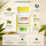 Pépins de courge bio 50 capsules Graine Sauvage avec infographie nutritionnelle et bienfaits prostate