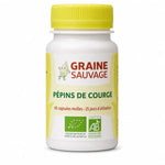 Flacon Pépins de Courge bio 50 capsules Graine Sauvage avec étiquette rouge et bouchon jaune citron