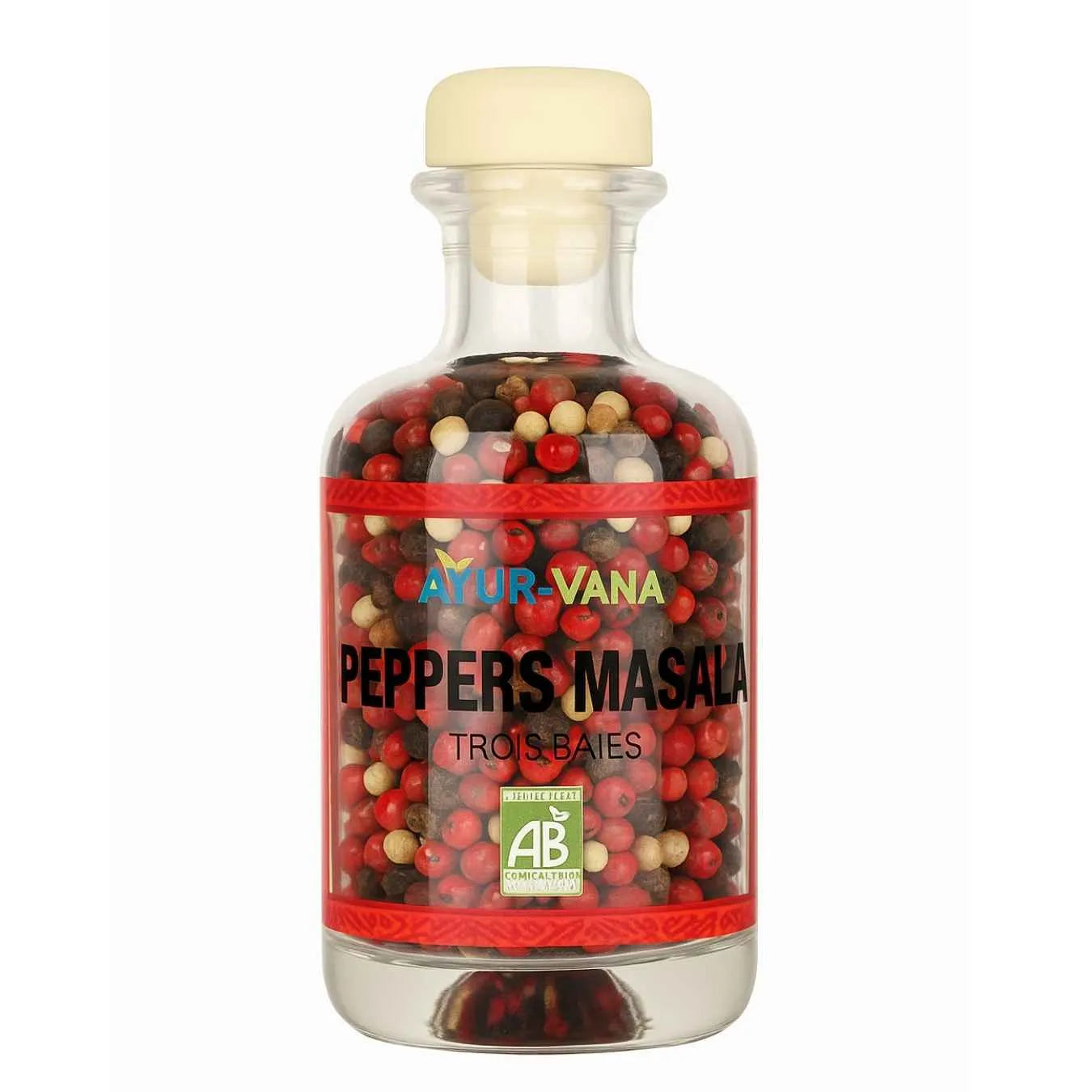 Un flacon verre  de 50 grammes de Peppers Masala bio (trois baies) Ayur-Vana
