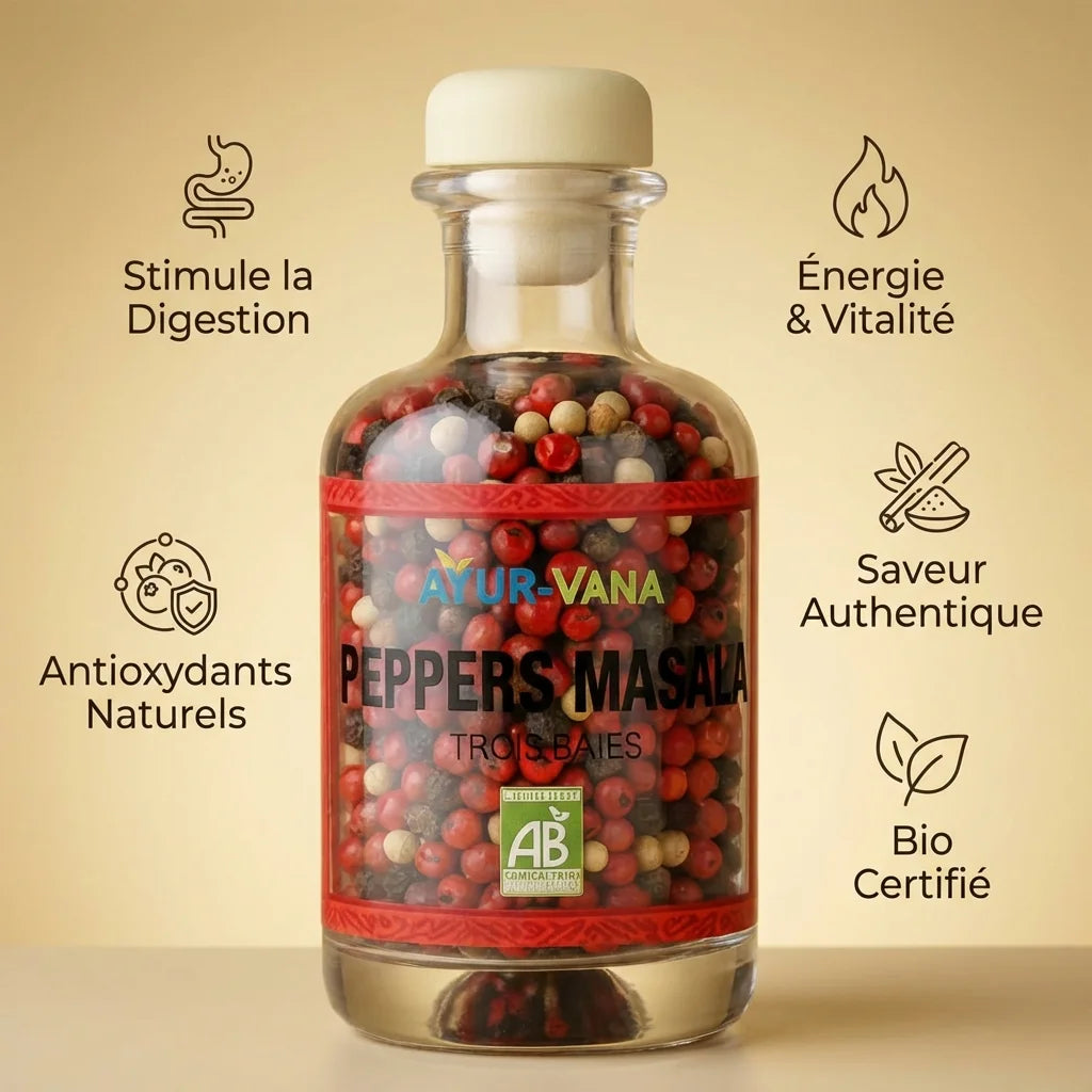 Peppers Masala bio trois baies Ayur-Vana flacon verre 50g avec bénéfices digestion énergie antioxydants