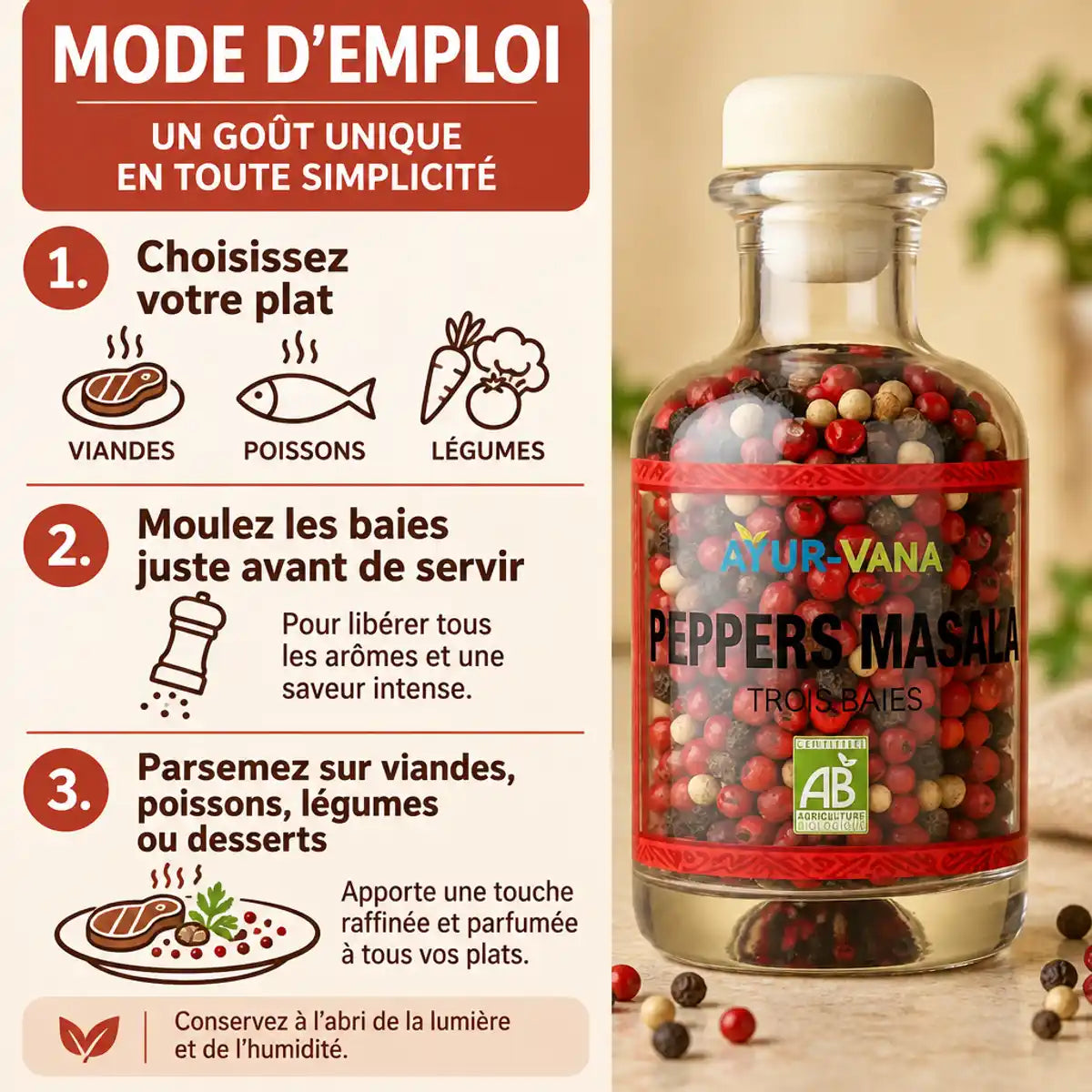 Flacon en verre de Peppers Masala bio Ayur-Vana (50 g) à côté d'un guide « Mode d'emploi » en 3 étapes pour utiliser ces trois baies