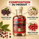 Flacon en verre Peppers Masala bio Ayur-Vana (trois baies) avec composition : poivre noir, poivre blanc et baies roses bio