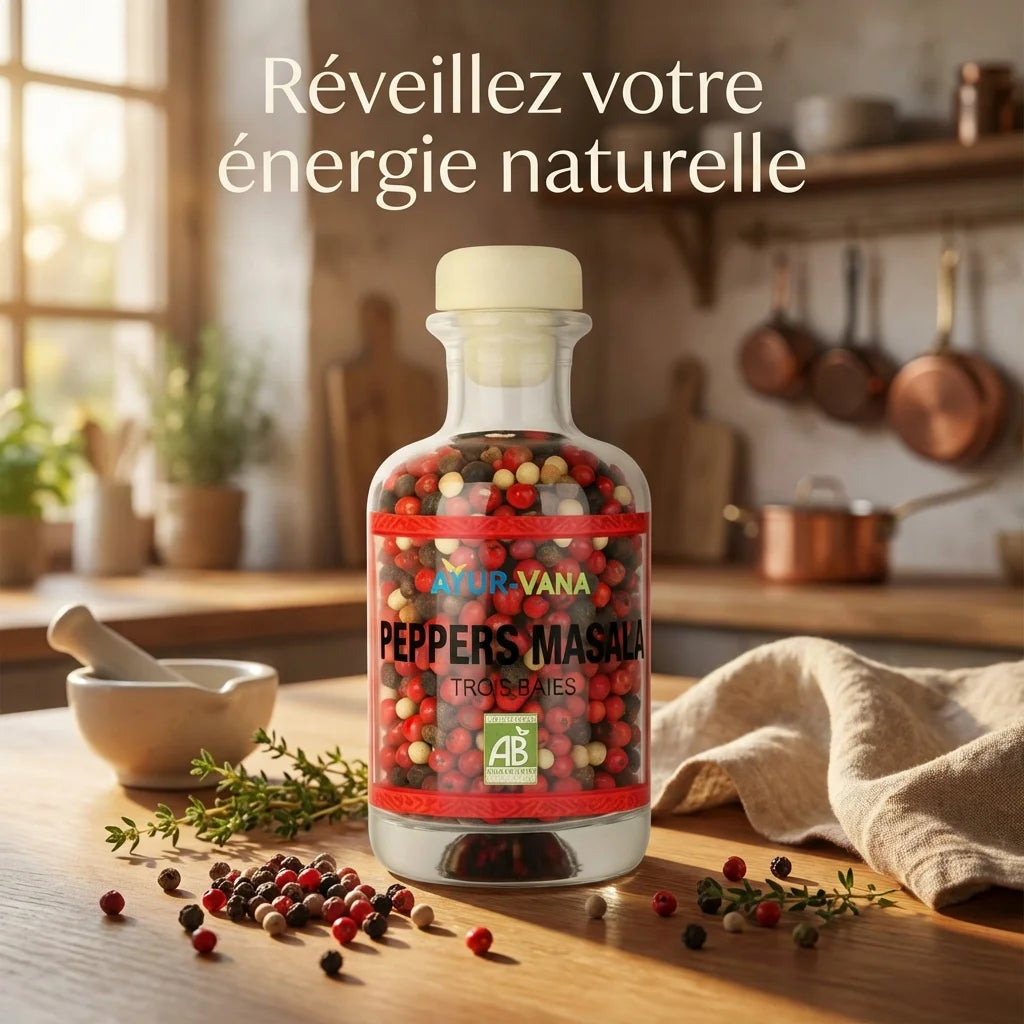 Peppers Masala bio Ayur-Vana trois baies en flacon verre sur plan de travail avec épices
