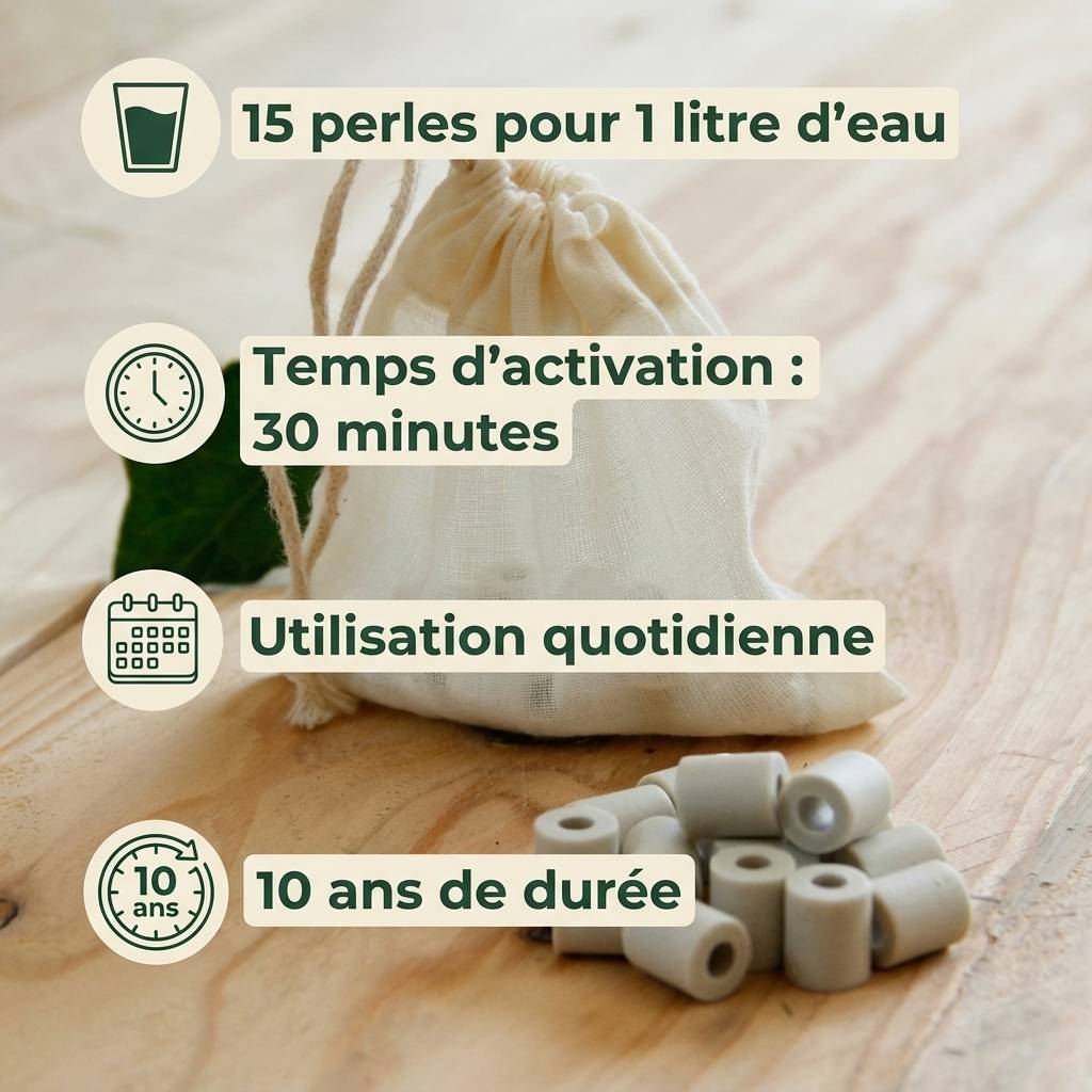 Perles céramique Angie Be Green avec pochon coton bio, guide dosage 15 perles par litre d'eau