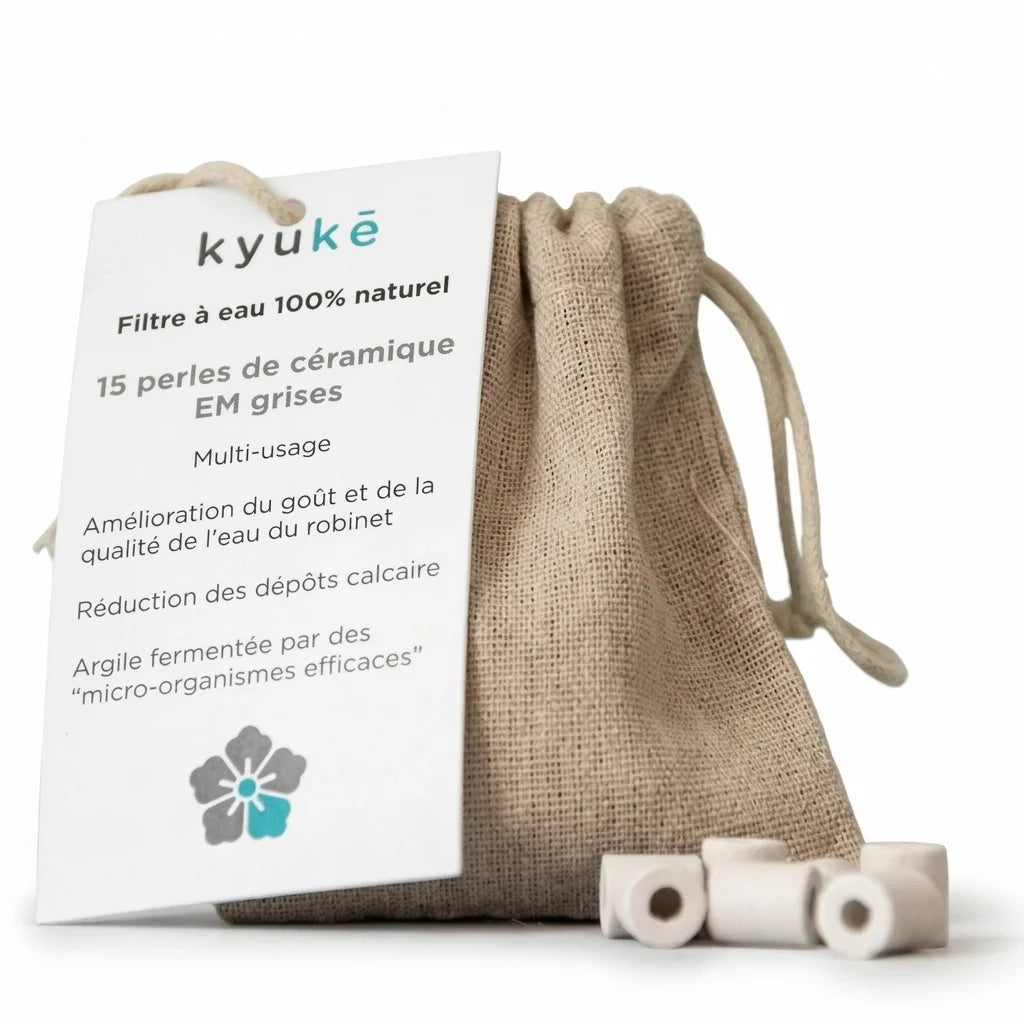Perles de céramique grises Kyuké lot de 15 dans sachet lin beige sur fond blanc