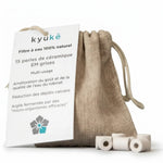 Perles de céramique grises Kyuké lot de 15 dans sachet lin beige sur fond blanc